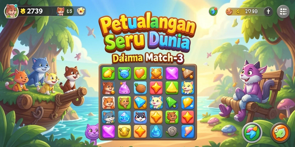 Screenshot gameplay 2739 menampilkan momen mencocokkan permata warna-warni.