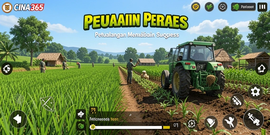 Tangkapan layar utama CINA365 dengan tampilan ladang yang subur dan hewan ternak.
