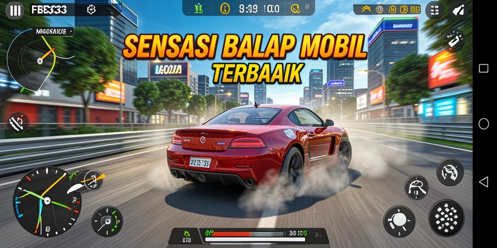 Screenshot FB333 menunjukkan aksi balapan dengan mobil cepat dan lintasan menantang.