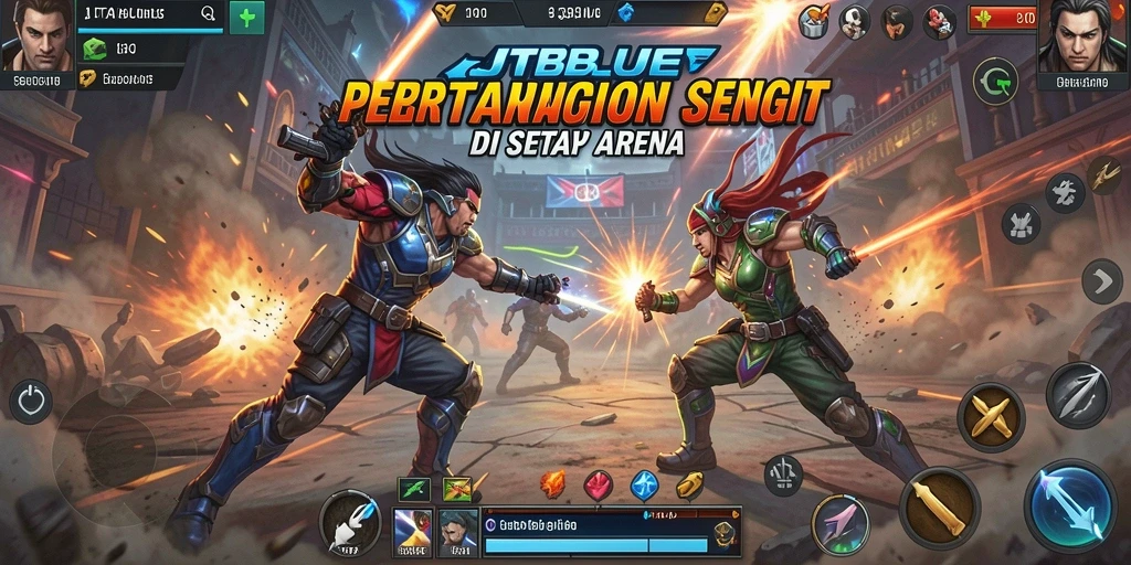 Tampilan pertarungan seru JTBLUE dengan karakter unik.