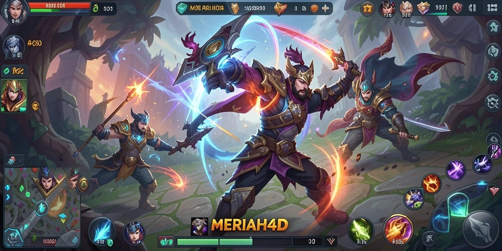 Screenshot gameplay MERIAH4D menampilkan aksi pertempuran seru dalam arena MOBA.