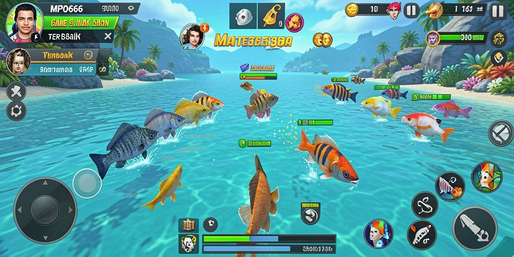 Tampilan gameplay seru di MPO666 dengan banyak ikan berwarna.