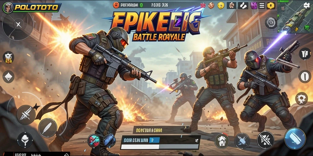 Tangkapan layar utama POLOTOTO menampilkan aksi seru dalam permainan Battle Royale.