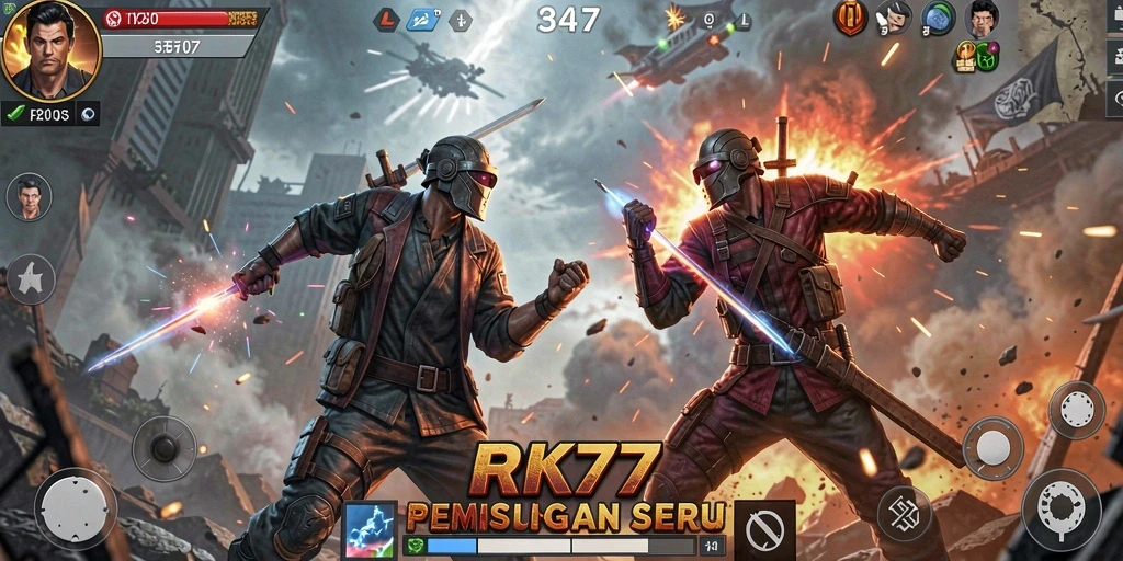 Tangkapan layar menampilkan pertarungan mendebarkan dalam RK77 dengan karakter yang menonjol.