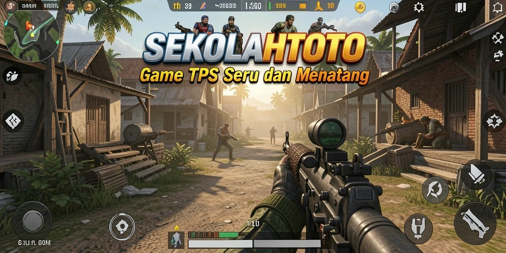 Screenshot gameplay SEKOLAHTOTO menampilkan aksi tembak-tembakan yang seru.