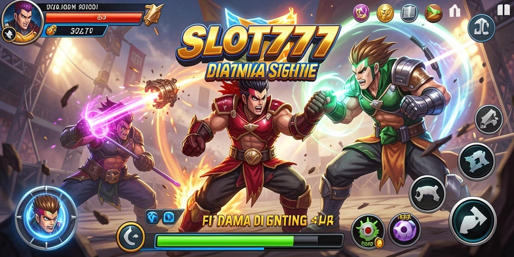 Screenshot gameplay SLOT777 menampilkan pertarungan tinggi yang intens.